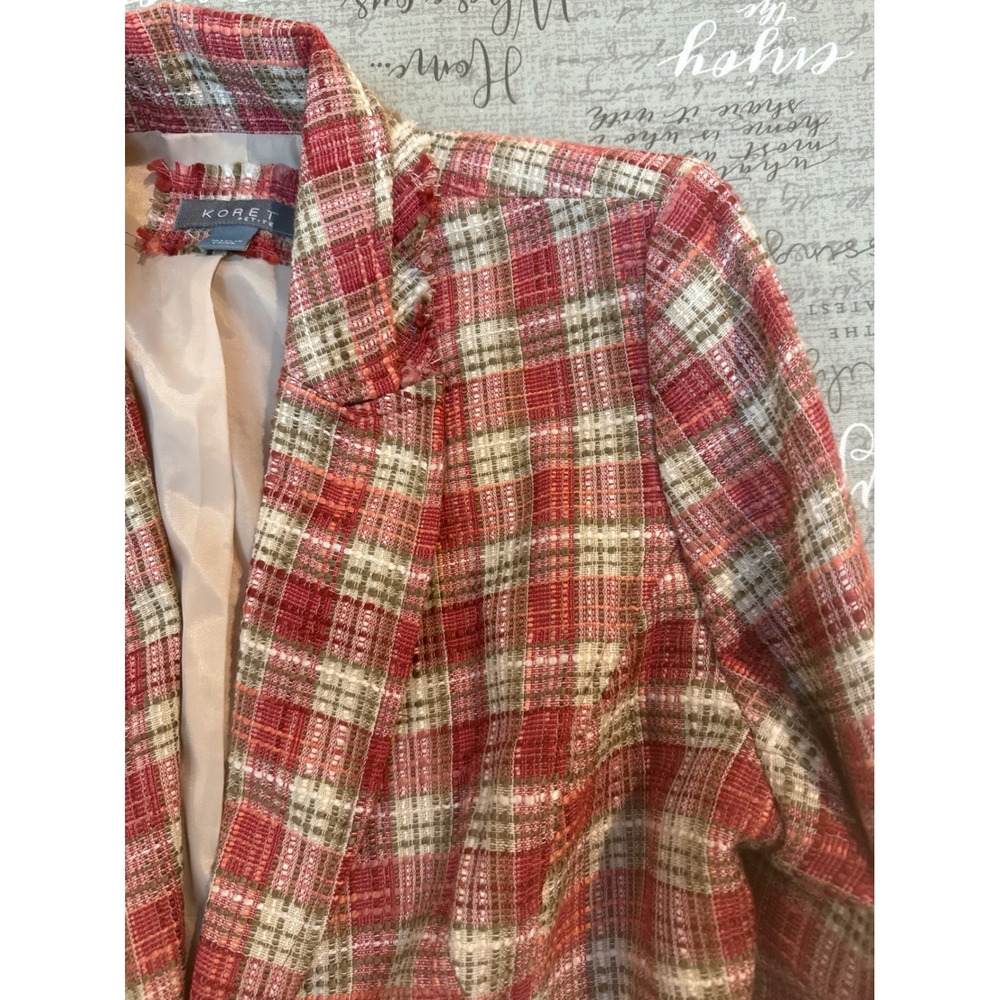 Koret Petite Red Plaid Tweed Frayed Trim Single Button Blazer Jacket 10P